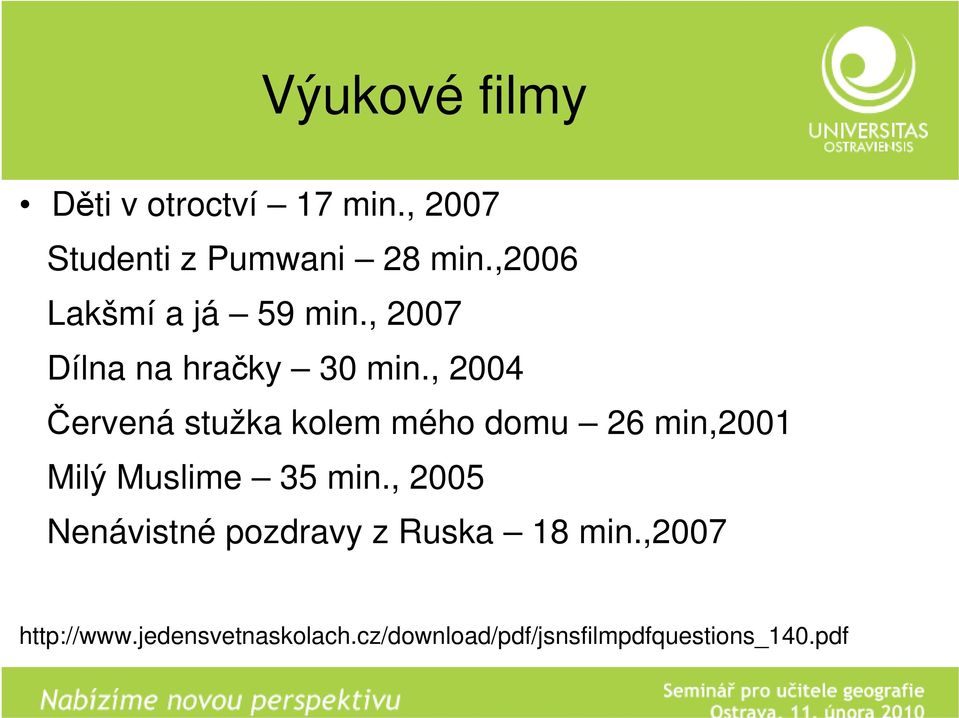 , 2004 Červená stužka kolem mého domu 26 min,2001 Milý Muslime 35 min.