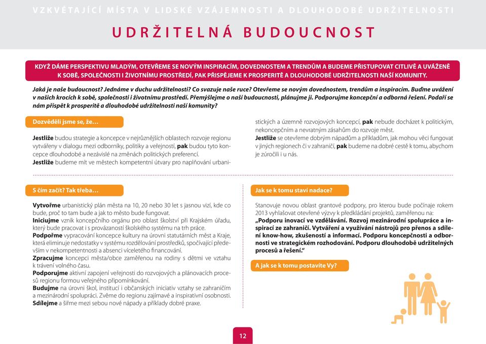Buďme uvážení v našich krocích k sobě, společnosti i životnímu prostředí. Přemýšlejme o naší budoucnosti, plánujme ji. Podporujme koncepční a odborná řešení.