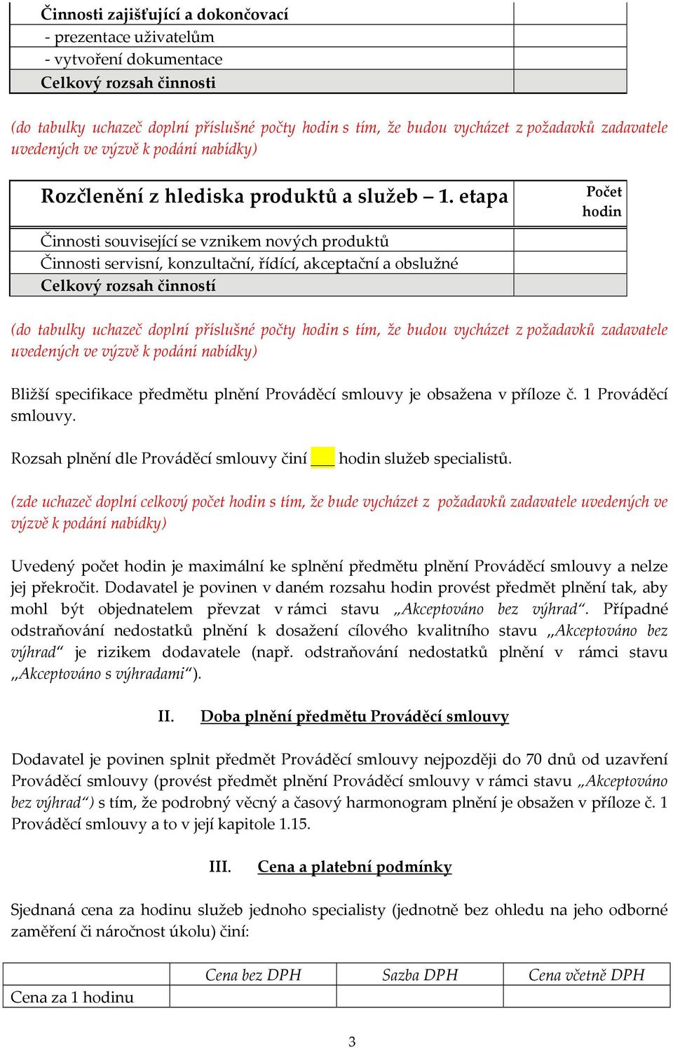 etapa Počet hodin Činnosti související se vznikem nových produktů Činnosti servisní, konzultační, řídící, akceptační a obslužné Celkový rozsah činností (do tabulky uchazeč doplní příslušné počty