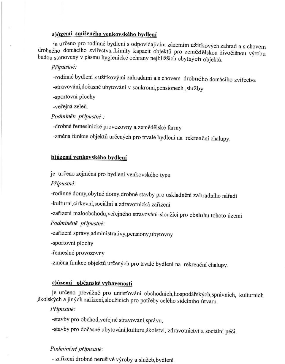 -rodinné bydlení s užitkovými zahradami a s chovem drobného domácího zvířectva -stravování, dočasné ubytování v soukromí,pensionech,služby -sportovní plochy -veřejná zeleň.