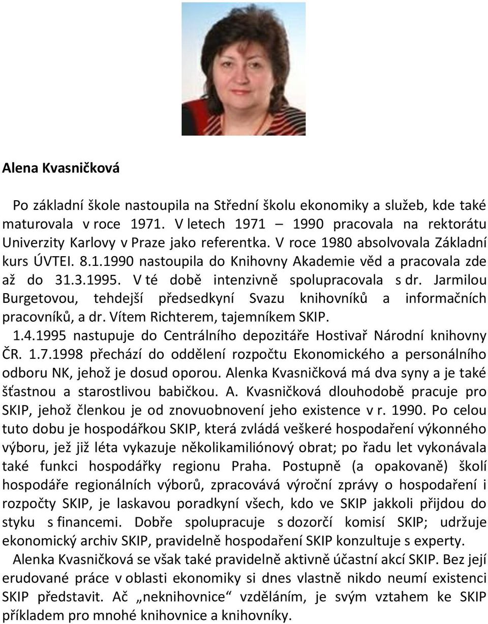 3.1995. V té době intenzivně spolupracovala s dr. Jarmilou Burgetovou, tehdejší předsedkyní Svazu knihovníků a informačních pracovníků, a dr. Vítem Richterem, tajemníkem SKIP. 1.4.