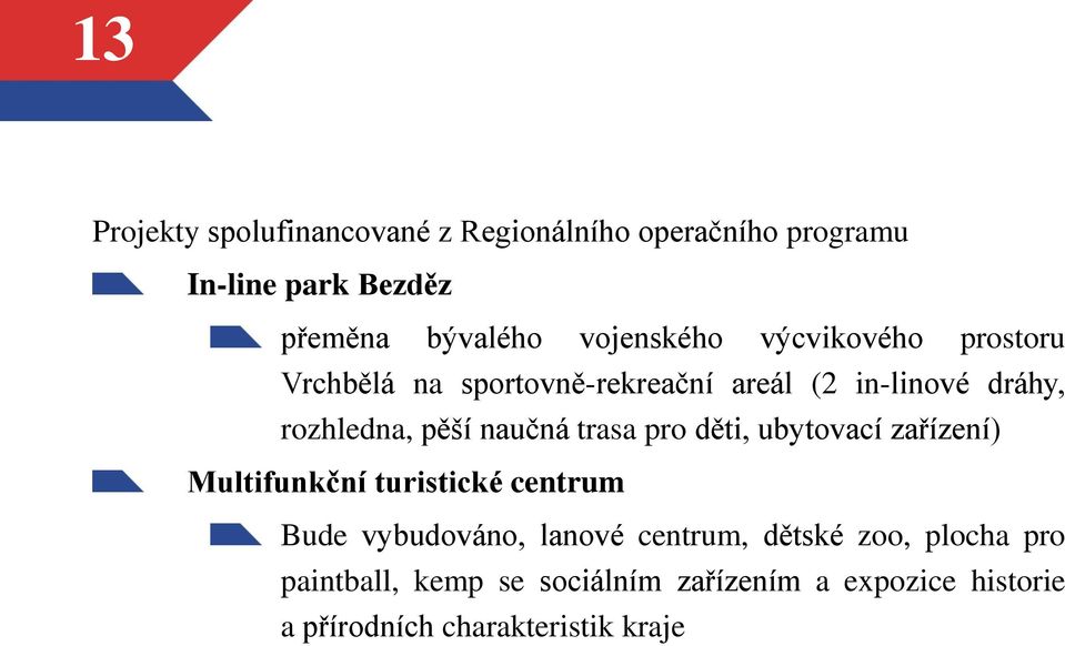 naučná trasa pro děti, ubytovací zařízení) Multifunkční turistické centrum Bude vybudováno, lanové centrum,