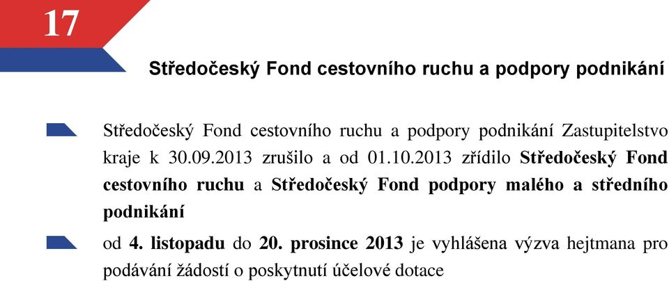 2013 zřídilo Středočeský Fond cestovního ruchu a Středočeský Fond podpory malého a středního