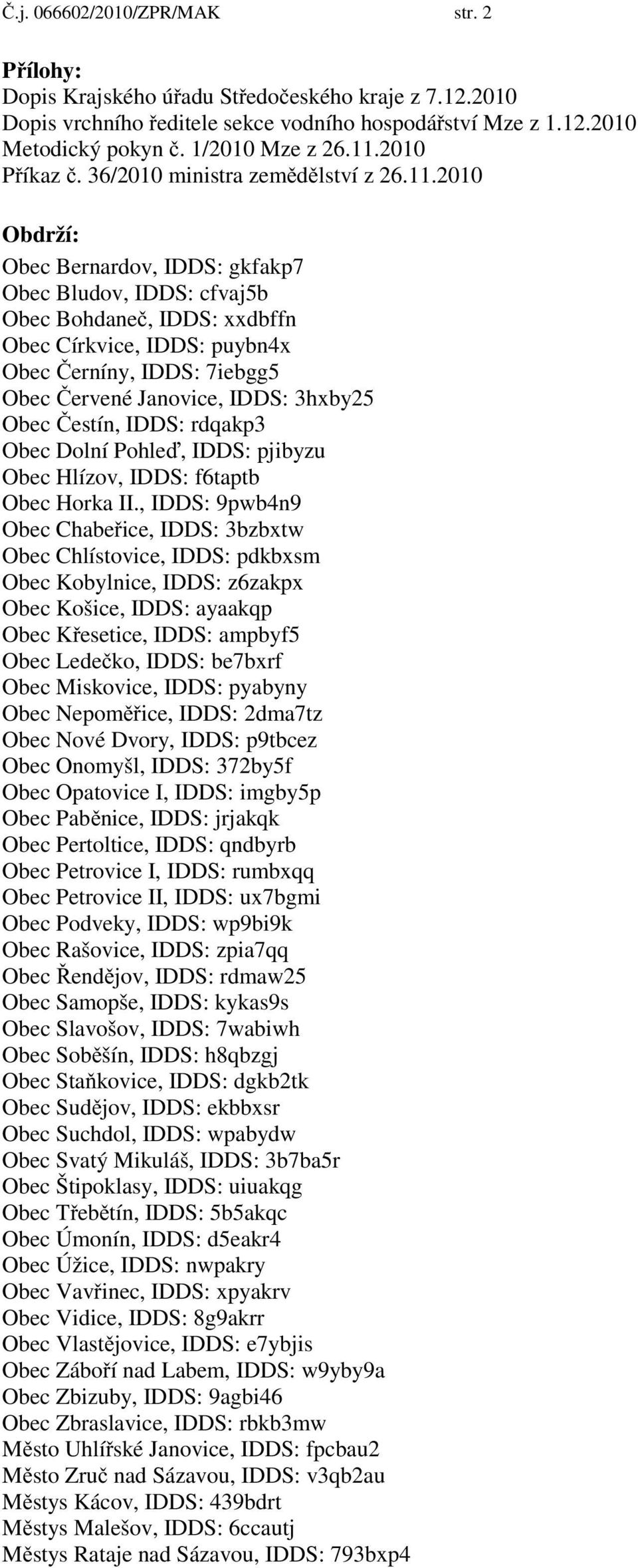 2010 Obdrží: Obec Bernardov, IDDS: gkfakp7 Obec Bludov, IDDS: cfvaj5b Obec Bohdane, IDDS: xxdbffn Obec Církvice, IDDS: puybn4x Obec erníny, IDDS: 7iebgg5 Obec ervené Janovice, IDDS: 3hxby25 Obec