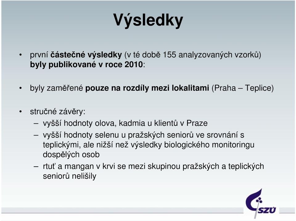 klientů v Praze vyšší hodnoty selenu u pražských seniorů ve srovnání s teplickými, ale nižší než výsledky