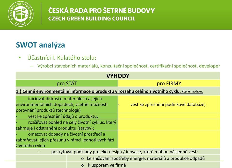 podnikové databáze; porovnání produktů (technologií) - vést ke zpřesnění údajů o produktu; - rozšiřovat pohled na celý životní cyklus, který zahrnuje i odstranění produktu (stavby); - omezovat dopady