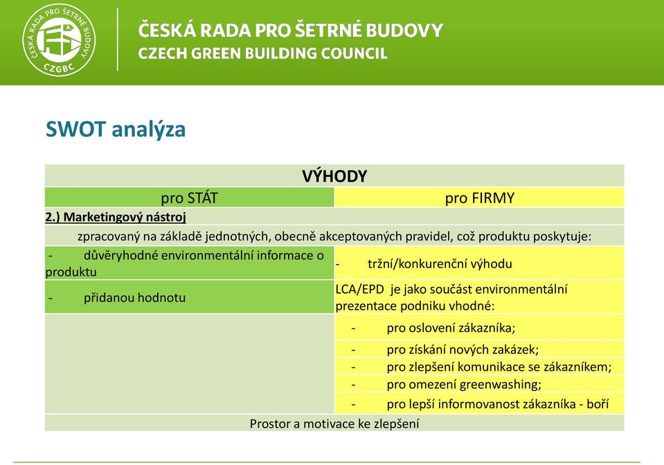 environmentální informace o produktu - přidanou hodnotu - tržní/konkurenční výhodu LCA/EPD je jako součást environmentální