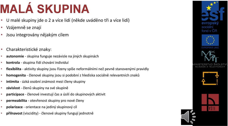 skupiny jsou si podobní z hlediska sociálně relevantních znaků intimita - úzká osobní známost mezi členy skupiny závislost - členů skupiny na své skupině participace - členové investují