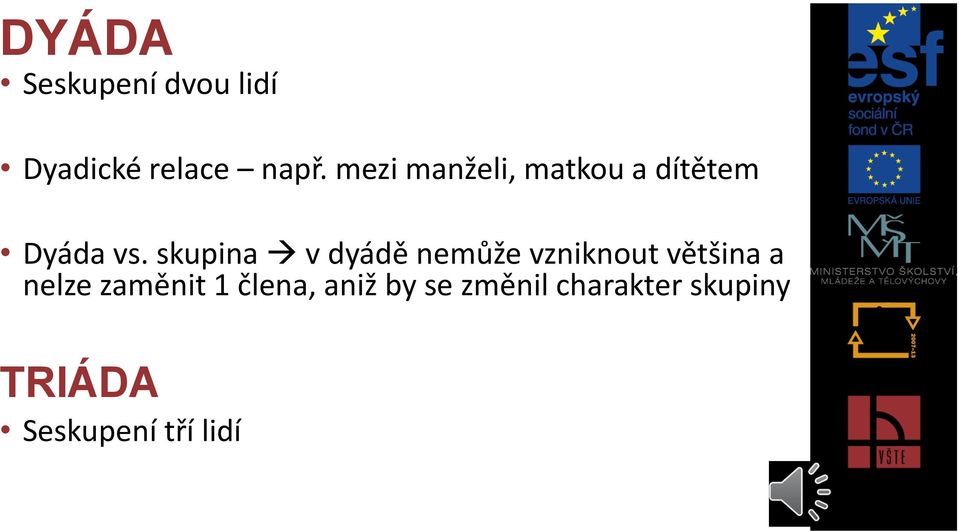 skupina v dyádě nemůže vzniknout většina a nelze