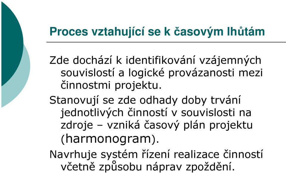 Stanovují se zde odhady doby trvání jednotlivých činností v souvislosti na zdroje