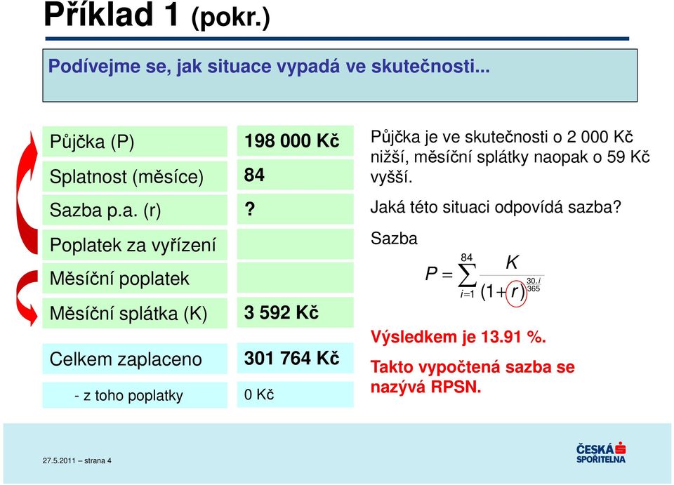 Jaká této situaci odpovídá sazba? Sazba P = 84 i = 1 (1 K r ) 30. i 365 Výsledkem je 13.91 %.