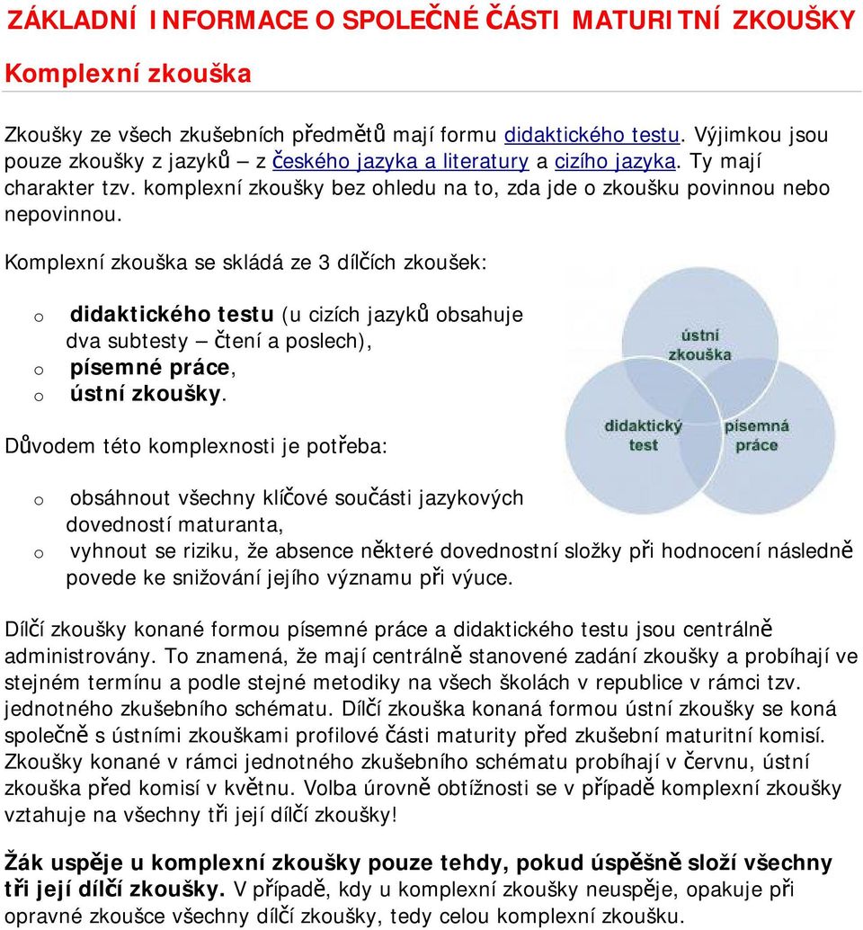 Kmplexní zkuška se skládá ze 3 dílčích zkušek: didaktickéh testu (u cizích jazyků bsahuje dva subtesty čtení a pslech), písemné práce, ústní zkušky.