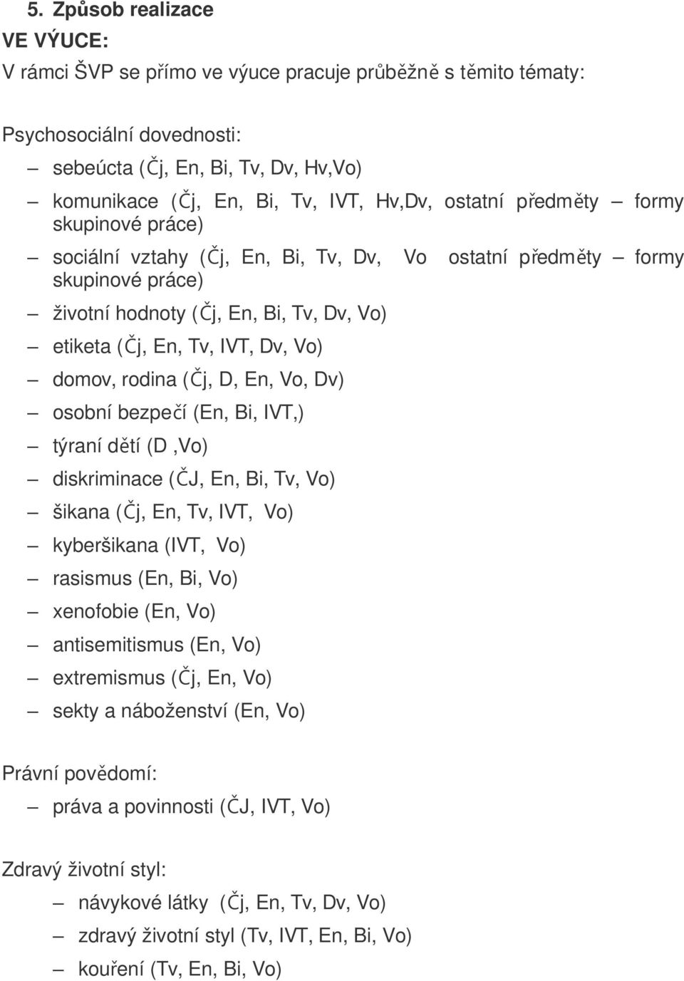 Dv, Vo) domov, rodina ( Čj, D, En, Vo, Dv) osobní bezpečí (En, Bi, IVT,) týraní dětí (D,Vo) diskriminace ( ČJ, En, Bi, Tv, Vo) šikana ( Čj, En, Tv, IVT, Vo) kyberšikana (IVT, Vo) rasismus (En, Bi,