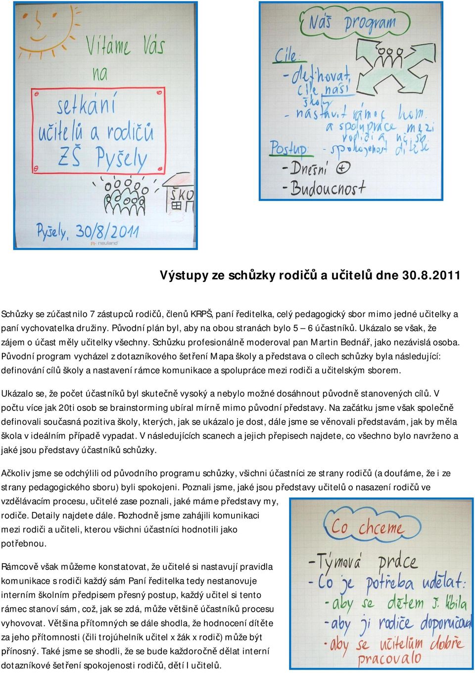 vodní program vycházel z dotazníkového šet ení Mapa školy a p edstava o cílech sch zky byla následující: definování cíl školy a nastavení rámce komunikace a spolupráce mezi rodi i a u itelským sborem.