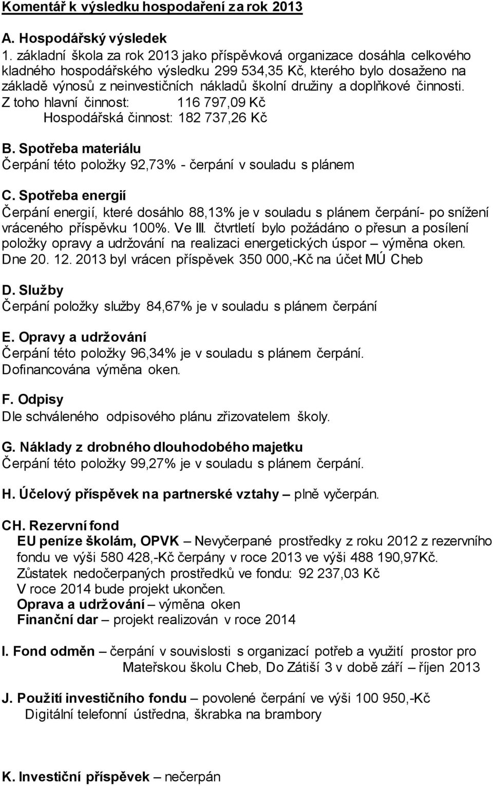 a doplňkové činnosti. Z toho hlavní činnost: 116 797,09 Kč Hospodářská činnost: 182 737,26 Kč B. Spotřeba materiálu Čerpání této položky 92,73% - čerpání v souladu s plánem C.