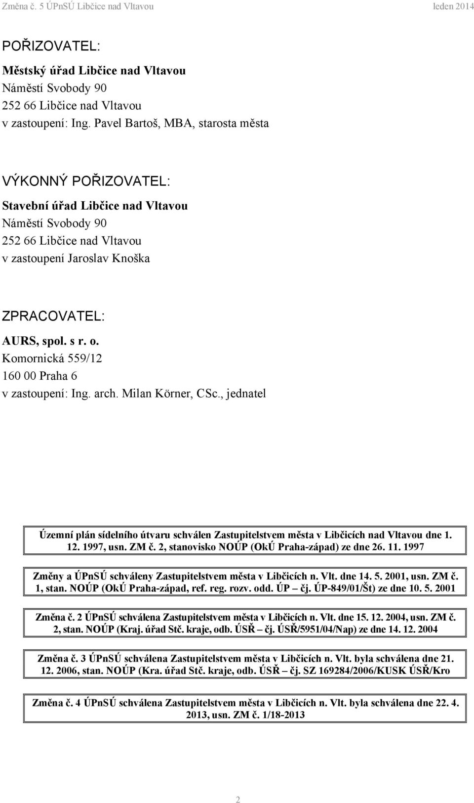 Komornická 559/12 160 00 Praha 6 v zastoupení: Ing. arch. Milan Körner, CSc., jednatel Územní plán sídelního útvaru schválen Zastupitelstvem města v Libčicích nad Vltavou dne 1. 12. 1997, usn. ZM č.