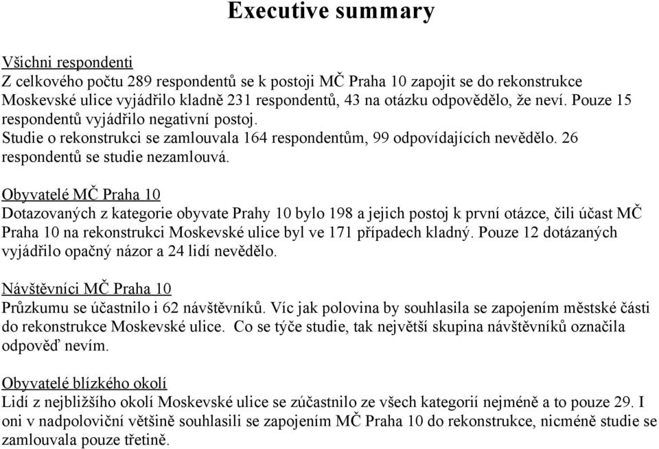 Obyvatelé MČ Praha 1 Dotazovaných z kategorie obyvate Prahy 1 bylo 198 a jejich postoj k první otázce, čili účast MČ Praha 1 na rekonstrukci Moskevské ulice byl ve 171 případech kladný.