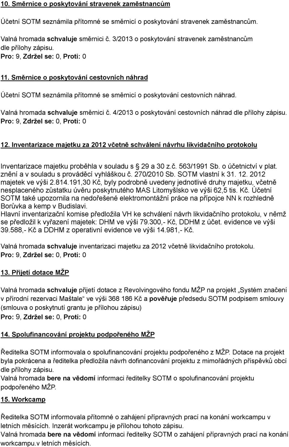 Valná hromada schvaluje směrnici č. 4/2013 o poskytování cestovních náhrad dle přílohy zápisu. 12.