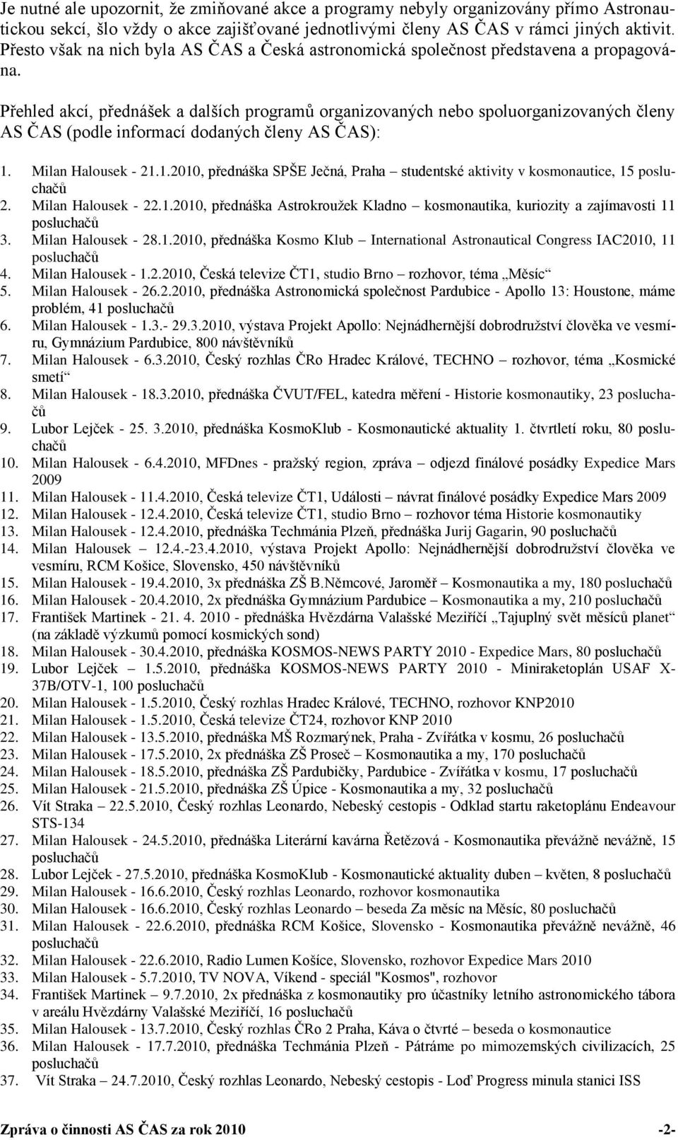 Přehled akcí, přednášek a dalších programů organizovaných nebo spoluorganizovaných členy AS ČAS (podle informací dodaných členy AS ČAS): 1.