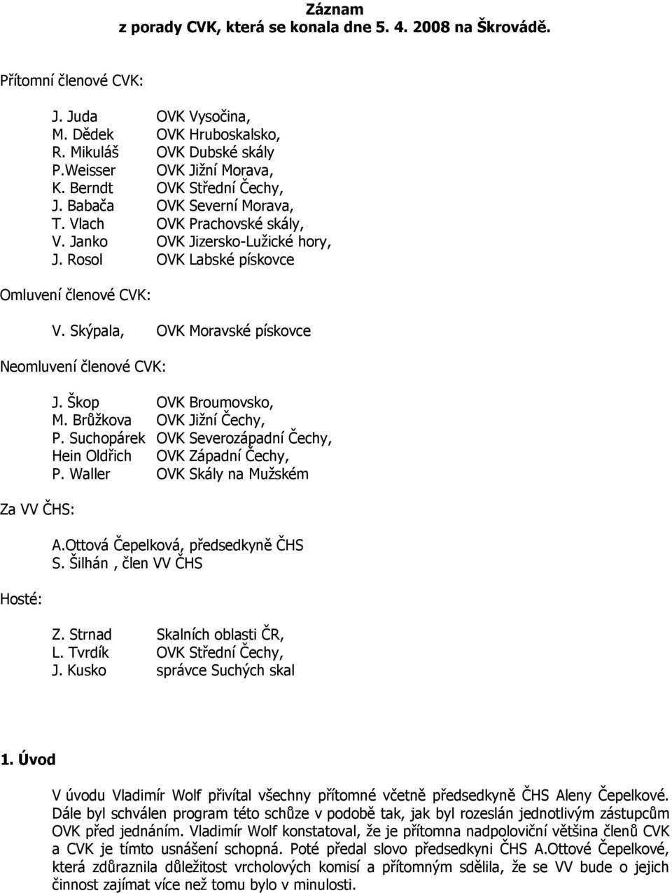 Skýpala, OVK Moravské pískovce Neomluvení členové CVK: Za VV ČHS: Hosté: J. Škop OVK Broumovsko, M. Brůžkova OVK Jižní Čechy, P. Suchopárek OVK Severozápadní Čechy, Hein Oldřich OVK Západní Čechy, P.