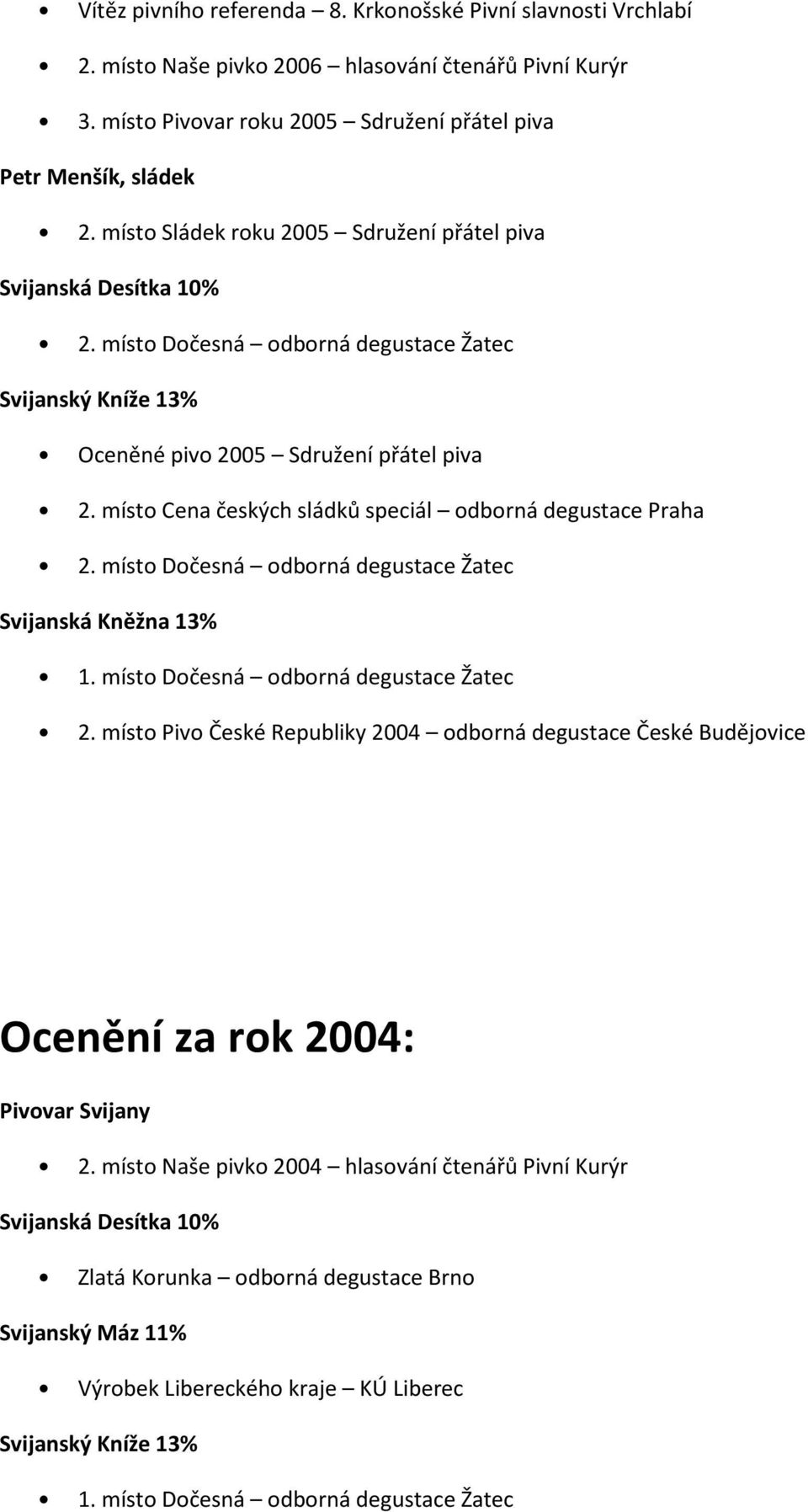 místo Cena českých sládků speciál odborná degustace Praha 2. místo Dočesná odborná degustace Žatec 1. místo Dočesná odborná degustace Žatec 2.