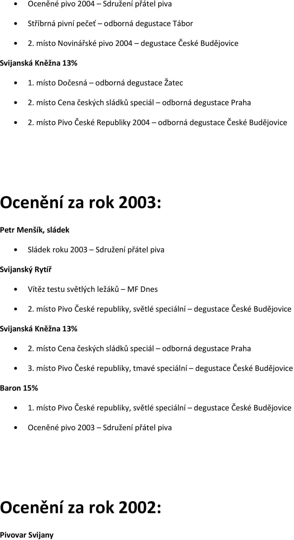 místo Pivo České Republiky 2004 odborná degustace České Budějovice Ocenění za rok 2003: Petr Menšík, sládek Sládek roku 2003 Sdružení přátel piva Svijanský Rytíř Vítěz testu světlých ležáků MF