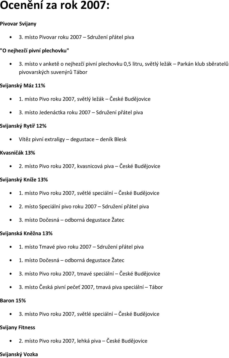 místo Jedenáctka roku 2007 Sdružení přátel piva Vítěz pivní extraligy degustace deník Blesk Kvasničák 13% 2. místo Pivo roku 2007, kvasnicová piva České Budějovice 1.