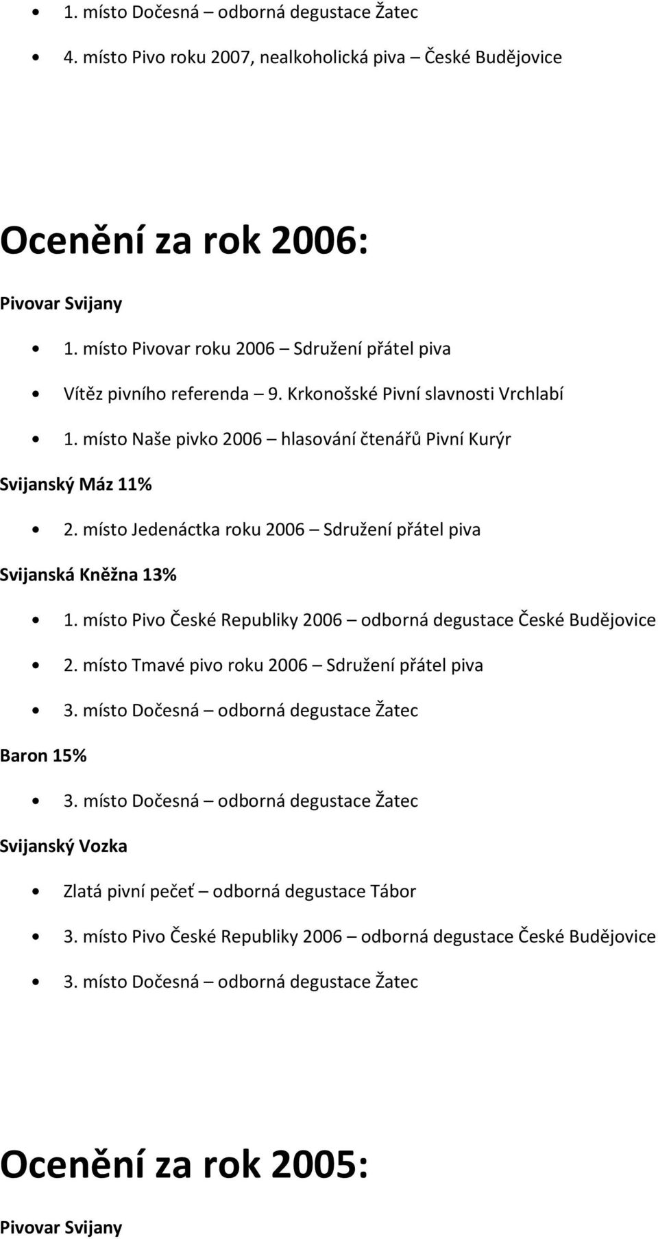 místo Jedenáctka roku 2006 Sdružení přátel piva 1. místo Pivo České Republiky 2006 odborná degustace České Budějovice 2. místo Tmavé pivo roku 2006 Sdružení přátel piva 3.