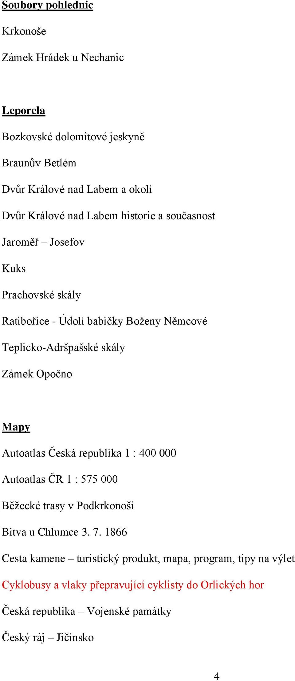 Opočno Mapy Autoatlas Česká republika 1 : 400 000 Autoatlas ČR 1 : 575 000 Běžecké trasy v Podkrkonoší Bitva u Chlumce 3. 7.
