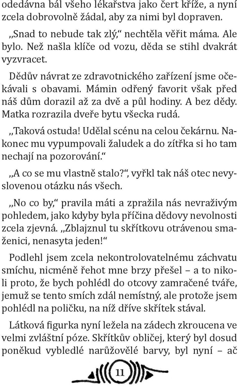 A bez dědy. Matka rozrazila dveře bytu všecka rudá.,,taková ostuda! Udělal scénu na celou čekárnu. Nakonec mu vypumpovali žaludek a do zítřka si ho tam nechají na pozorování.