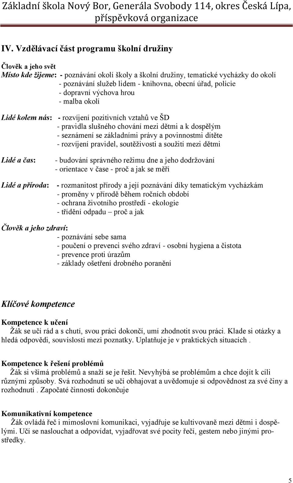 povinnostmi dítěte - rozvíjení pravidel, soutěživosti a soužití mezi dětmi Lidé a čas: - budování správného režimu dne a jeho dodržování - orientace v čase - proč a jak se měří Lidé a příroda: -