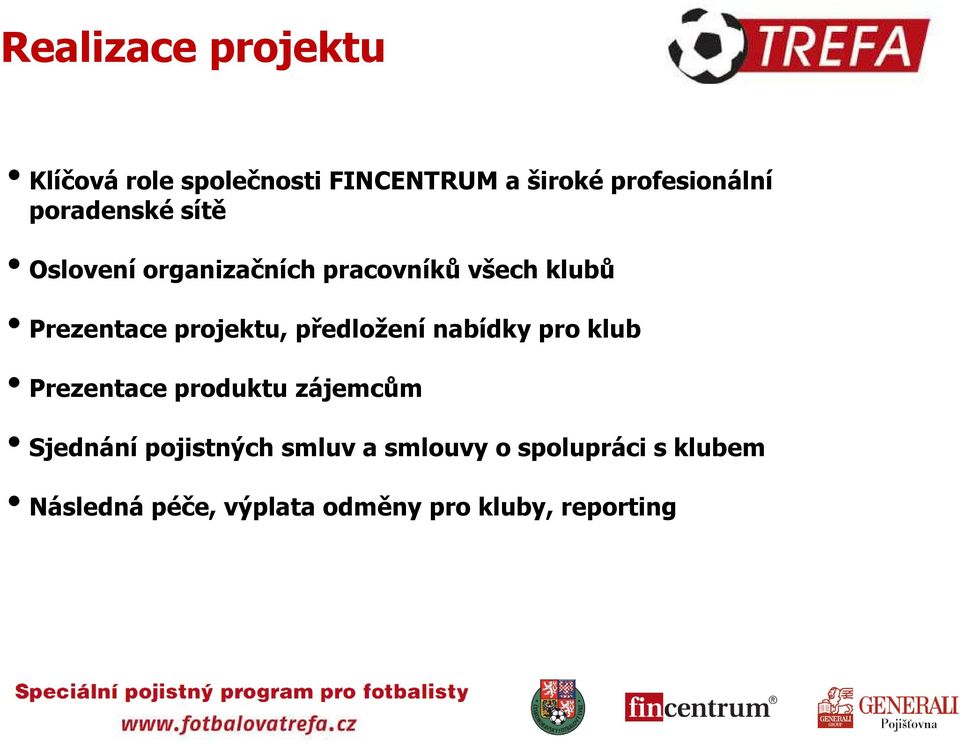 projektu, předložení nabídky pro klub Prezentace produktu zájemcům Sjednání