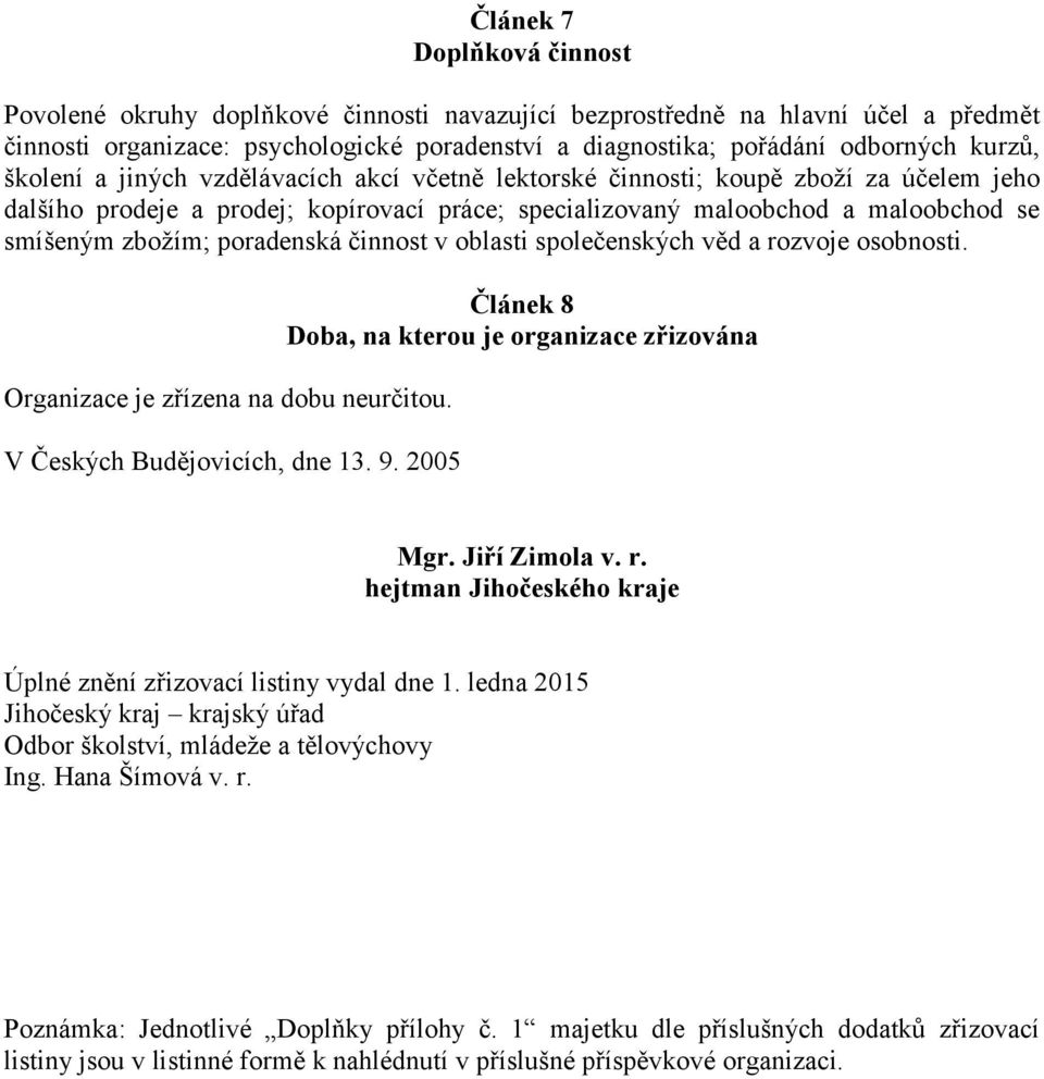 poradenská činnost v oblasti společenských věd a rozvoje osobnosti. Organizace je zřízena na dobu neurčitou. V Českých Budějovicích, dne 13. 9.