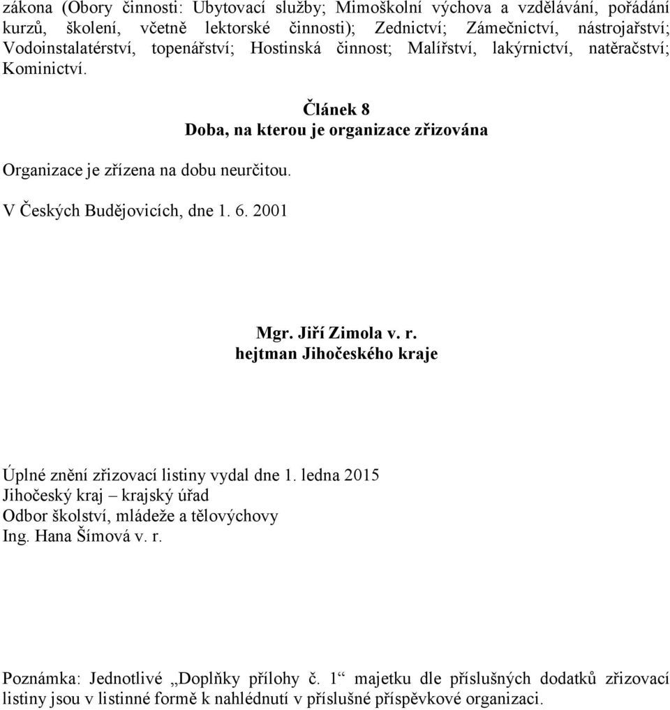 2001 Článek 8 Doba, na kterou je organizace zřizována Mgr. Jiří Zimola v. r. hejtman Jihočeského kraje Úplné znění zřizovací listiny vydal dne 1.