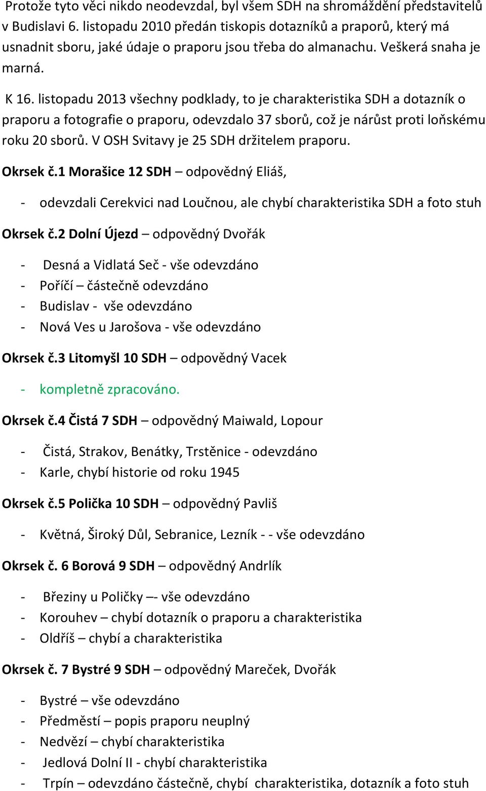 listopadu 2013 všechny podklady, to je charakteristika SDH a dotazník o praporu a fotografie o praporu, odevzdalo 37 sborů, což je nárůst proti loňskému roku 20 sborů.