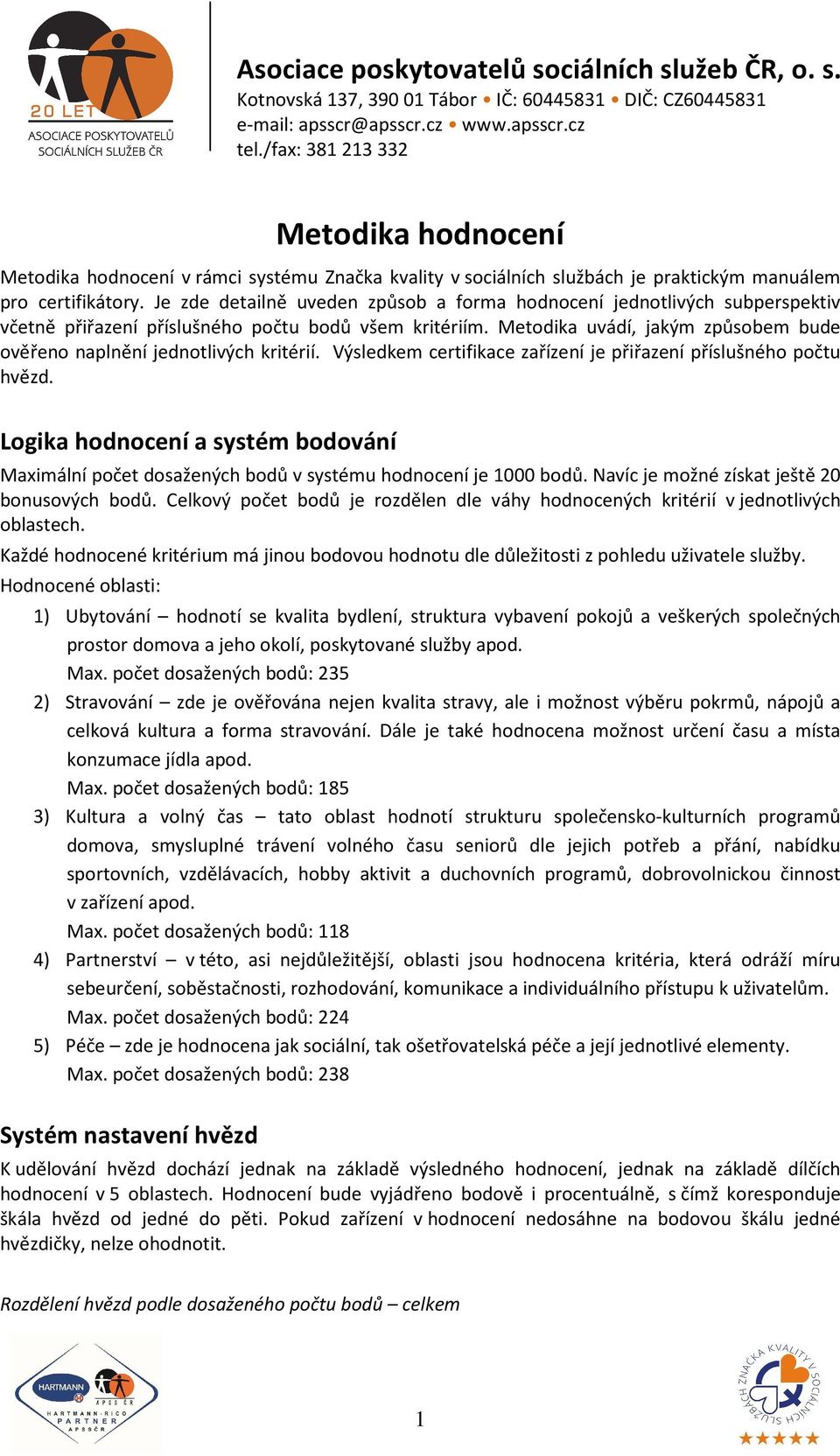 Metodika uvádí, jakým způsobem bude ověřeno naplnění jednotlivých kritérií. Výsledkem certifikace zařízení je přiřazení příslušného počtu hvězd.