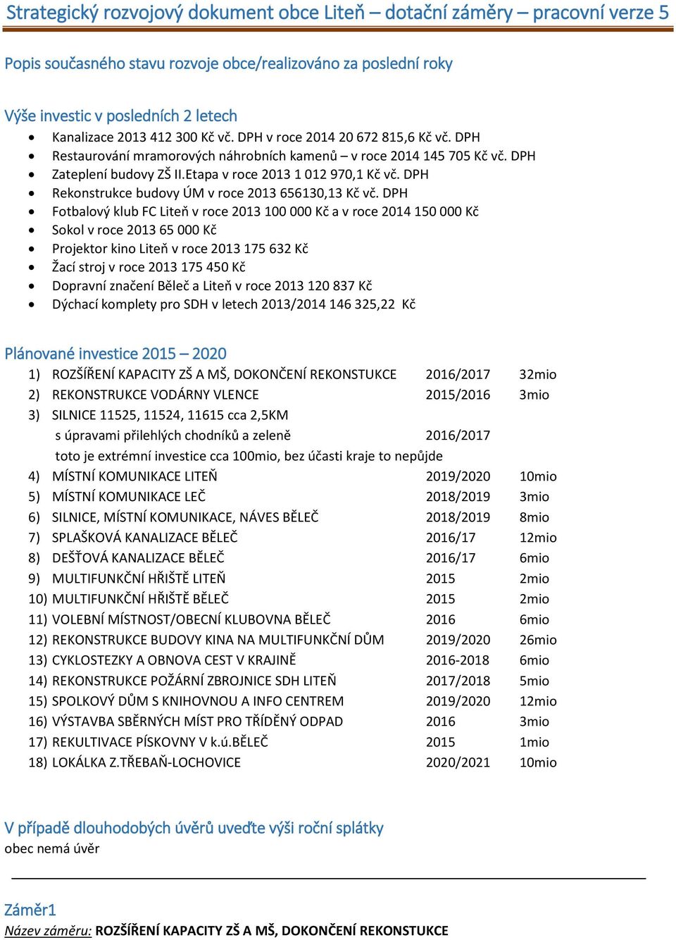 DPH Fotbalový klub FC Liteň v roce 2013 100 000 Kč a v roce 2014 150 000 Kč Sokol v roce 2013 65 000 Kč Projektor kino Liteň v roce 2013 175 632 Kč Žací stroj v roce 2013 175 450 Kč Dopravní značení