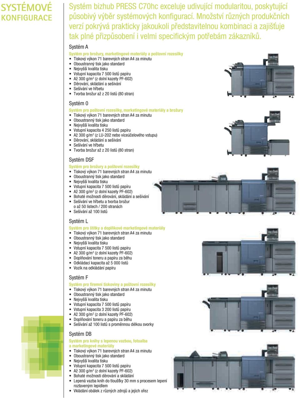 Systém A Systém pro brožury, marketingové materiály a poštovní rozesílky Tiskový výkon 71 barevných stran A4 za minutu oboustranný tisk jako standard nejvyšší kvalita tisku vstupní kapacita 7 500