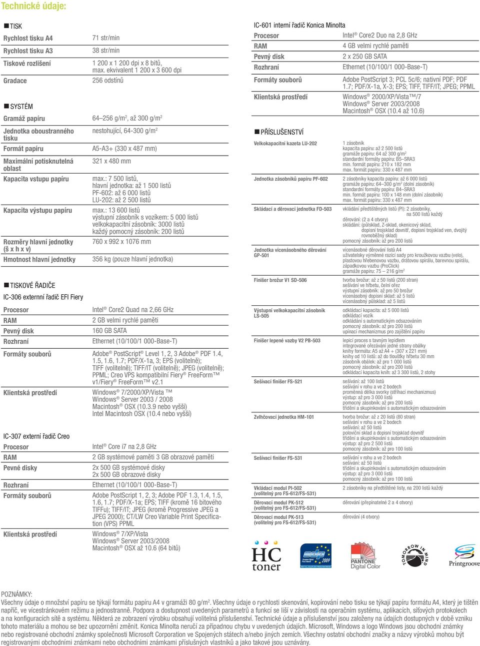 250 GB SATA Rozhraní Ethernet (10/100/1 000-Base-T) Formáty souborů Klientská prostředí Adobe PostScript 3; PCL 5c/6; nativní PDF; PDF 1.