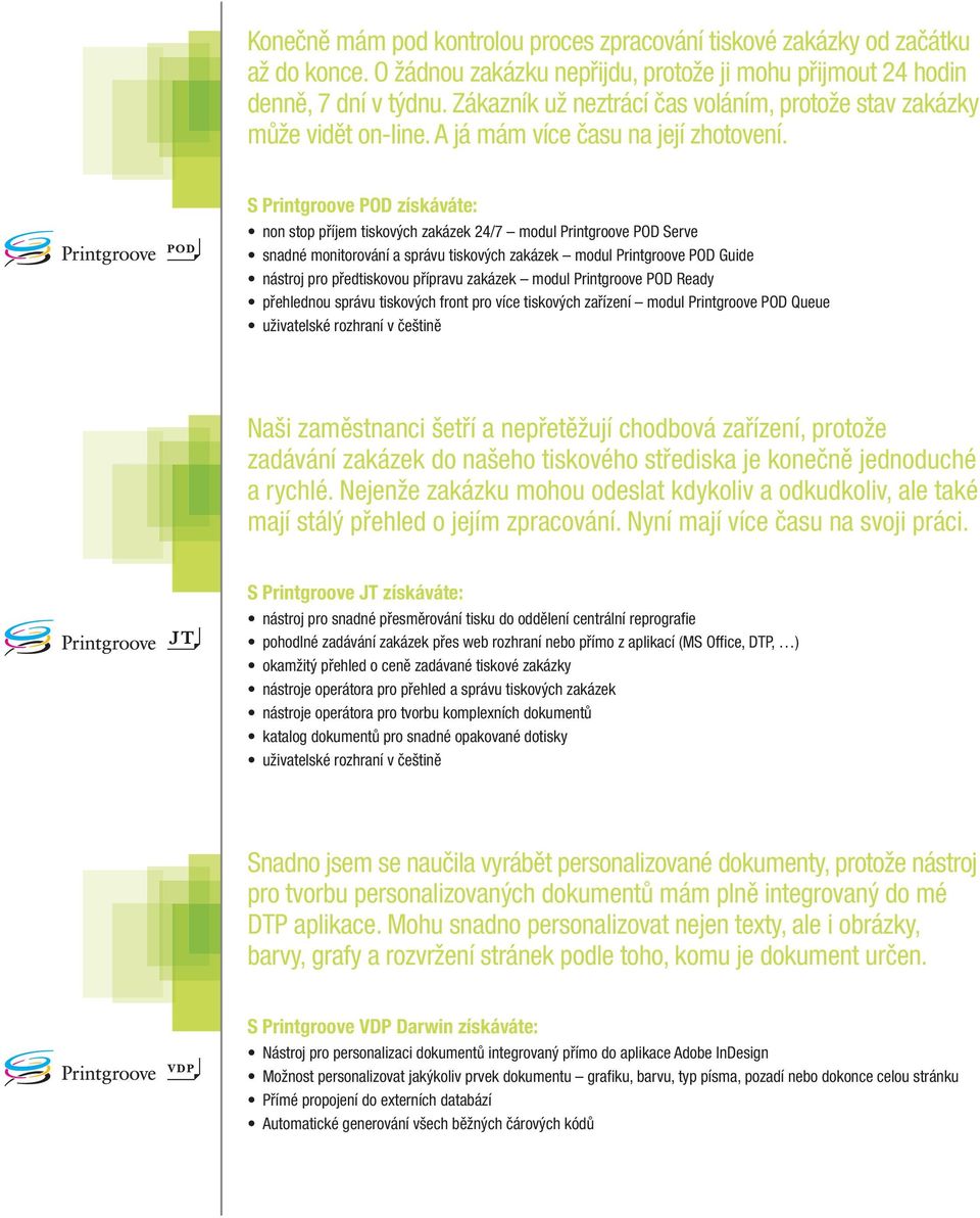 S Printgroove POD získáváte: non stop příjem tiskových zakázek 24/7 modul Printgroove Pod Serve snadné monitorování a správu tiskových zakázek modul Printgroove Pod Guide nástroj pro předtiskovou