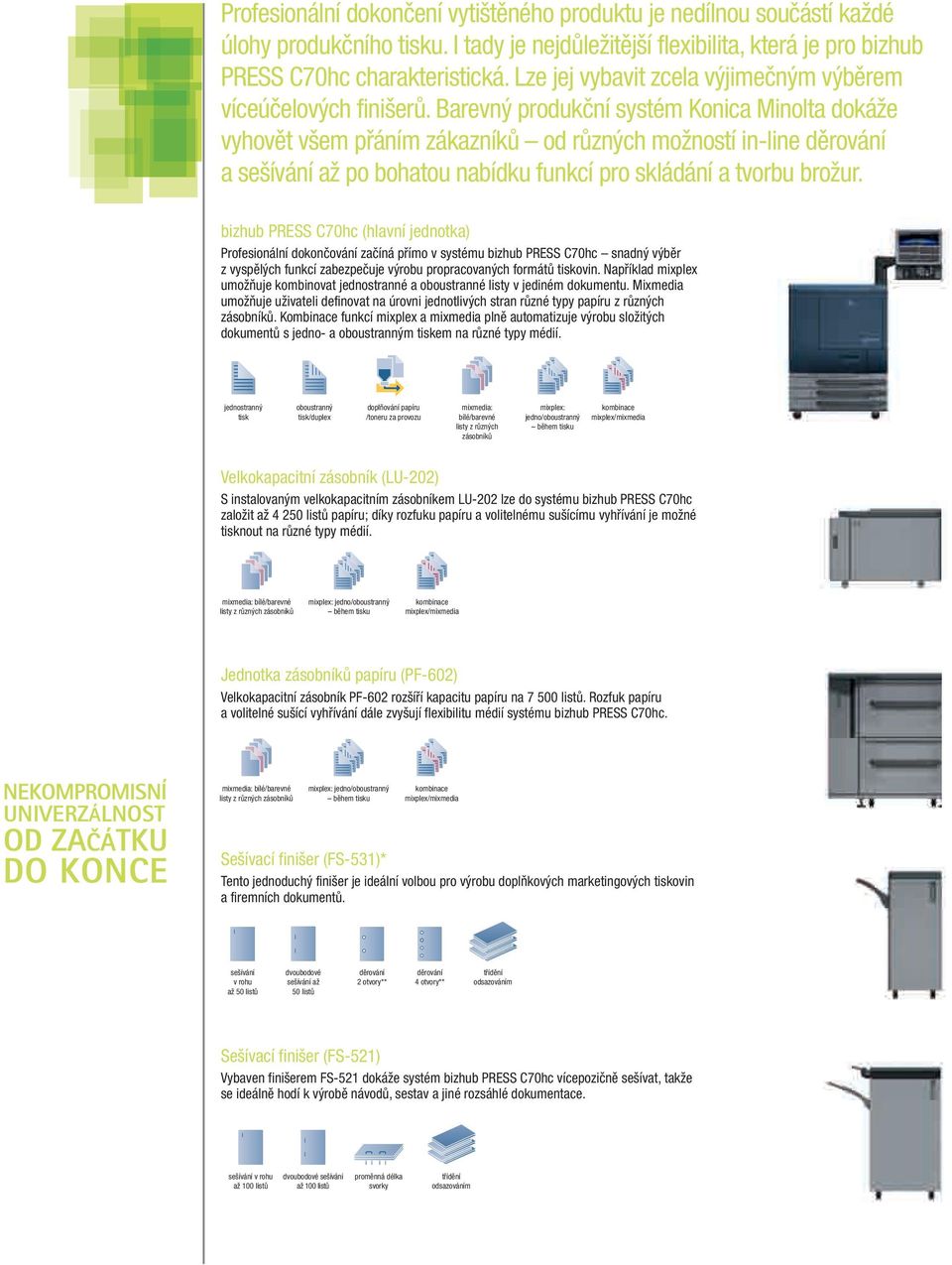 Barevný produkční systém Konica Minolta dokáže vyhovět všem přáním zákazníků od různých možností in-line a sešívání až po bohatou nabídku funkcí pro skládání a tvorbu brožur.