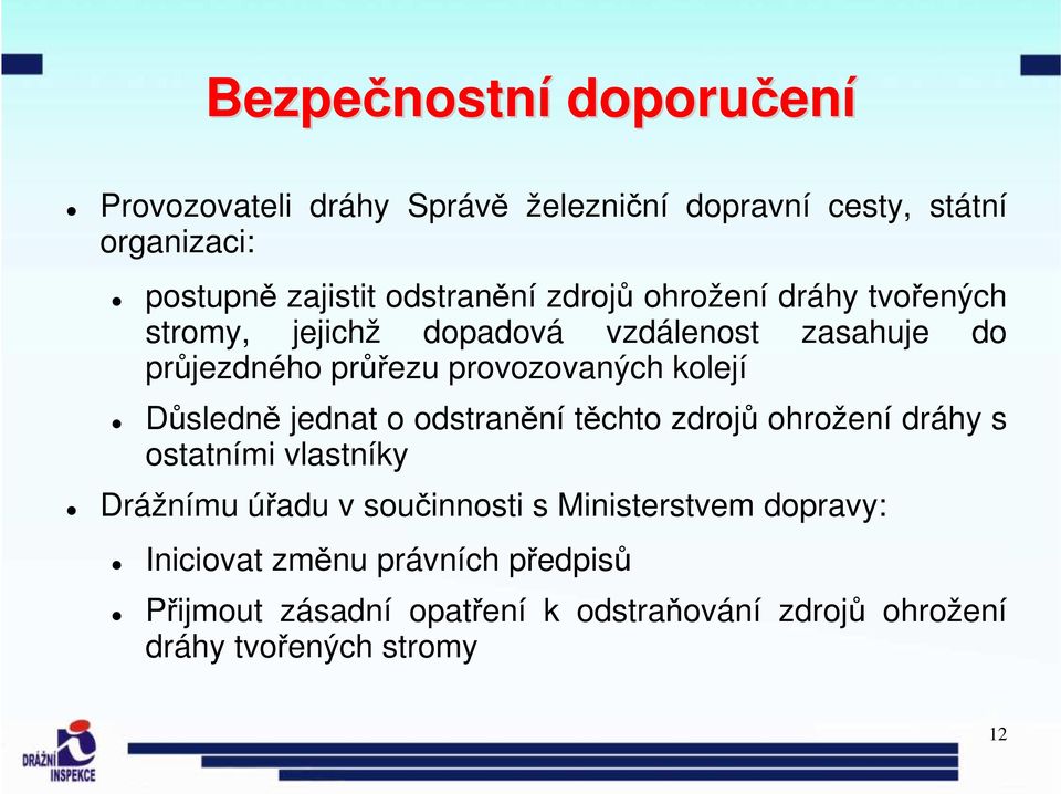 kolejí Důsledně jednat o odstranění těchto zdrojů ohrožení dráhy s ostatními vlastníky Drážnímu úřadu v součinnosti s