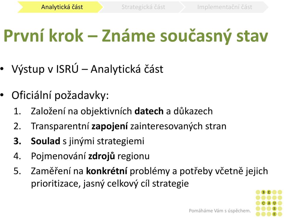 Transparentní zapojení zainteresovaných stran 3. Soulad s jinými strategiemi 4.