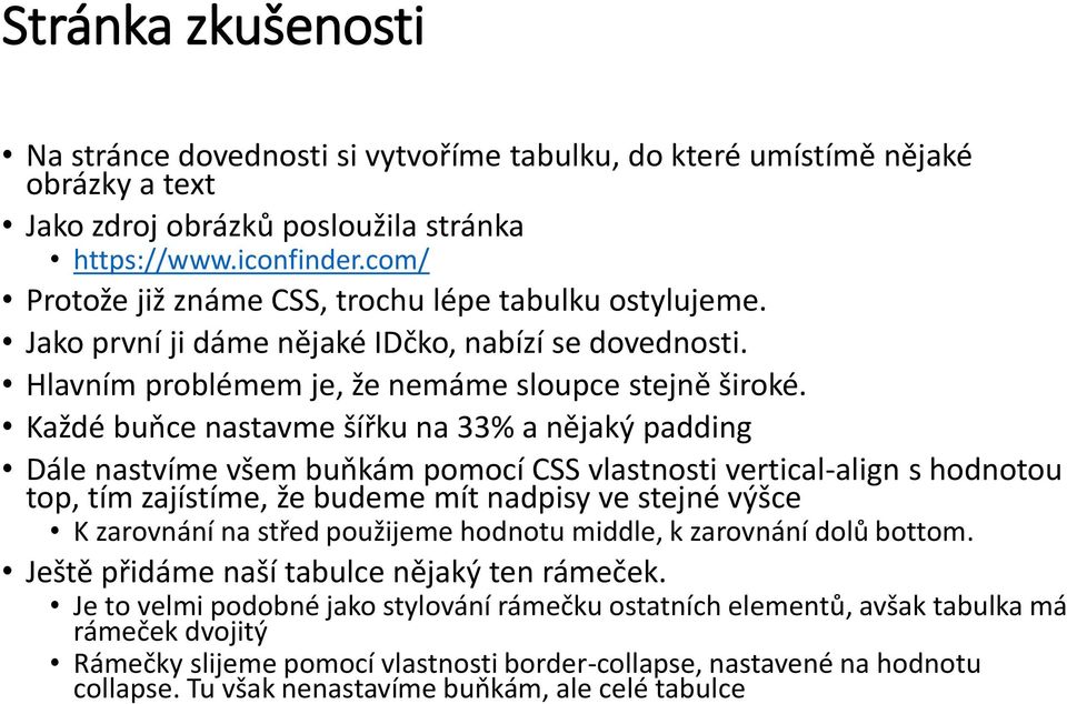 Každé buňce nastavme šířku na 33% a nějaký padding Dále nastvíme všem buňkám pomocí CSS vlastnosti vertical-align s hodnotou top, tím zajístíme, že budeme mít nadpisy ve stejné výšce K zarovnání na