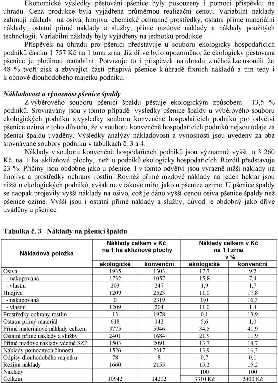 technologií. Variabilní náklady byly vyjádřeny na jednotku produkce. Příspěvek na úhradu pro pšenici představuje u souboru ekologicky hospodařících podniků částku 1 757 Kč na 1 tunu zrna.