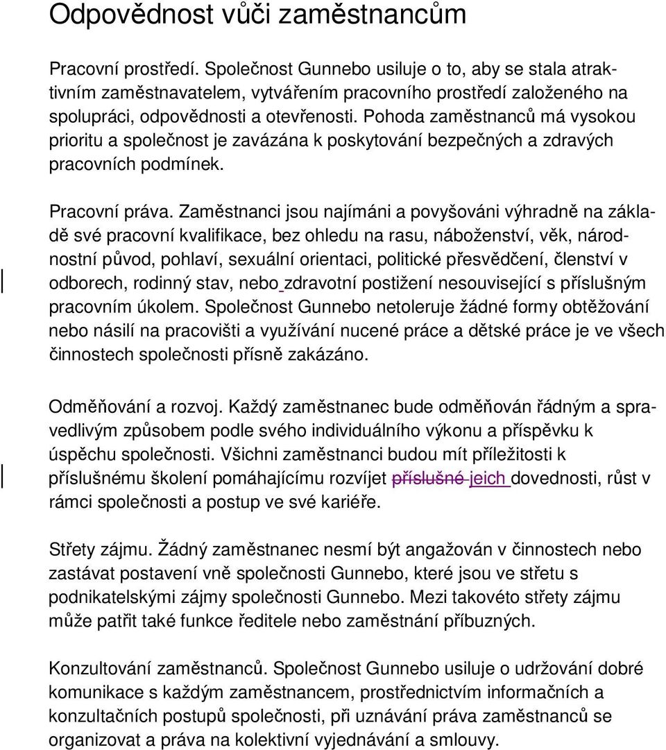 Pohoda zaměstnanců má vysokou prioritu a společnost je zavázána k poskytování bezpečných a zdravých pracovních podmínek. Pracovní práva.