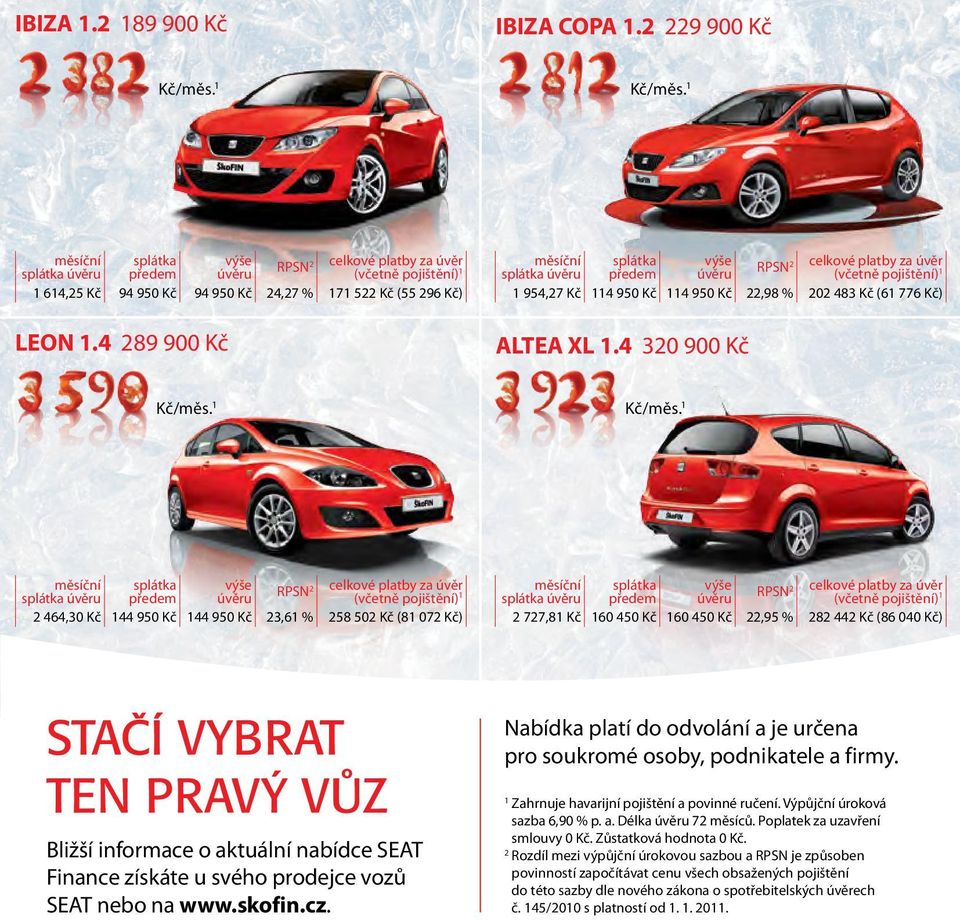 4 289 900 Kč měsíční splátka úvěru splátka předem výše úvěru RPSN 2 celkové platby za úvěr (včetně pojištění) 1 1 954,27 Kč 114 950 Kč 114 950 Kč 22,98 % 202 483 Kč (61 776 Kč) ALTEA XL 1.