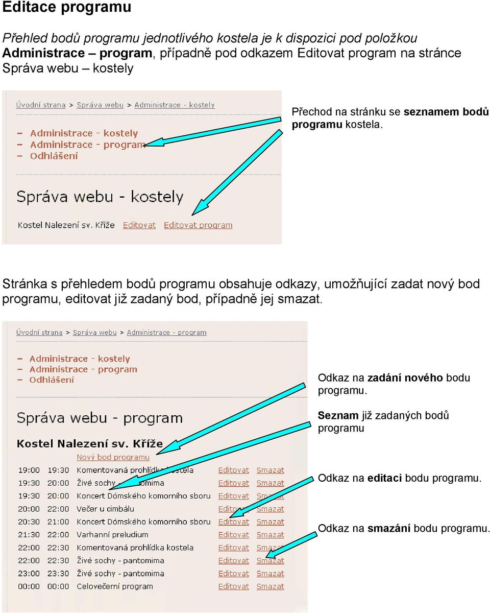 Stránka s přehledem bodů programu obsahuje odkazy, umožňující zadat nový bod programu, editovat již zadaný bod, případně jej