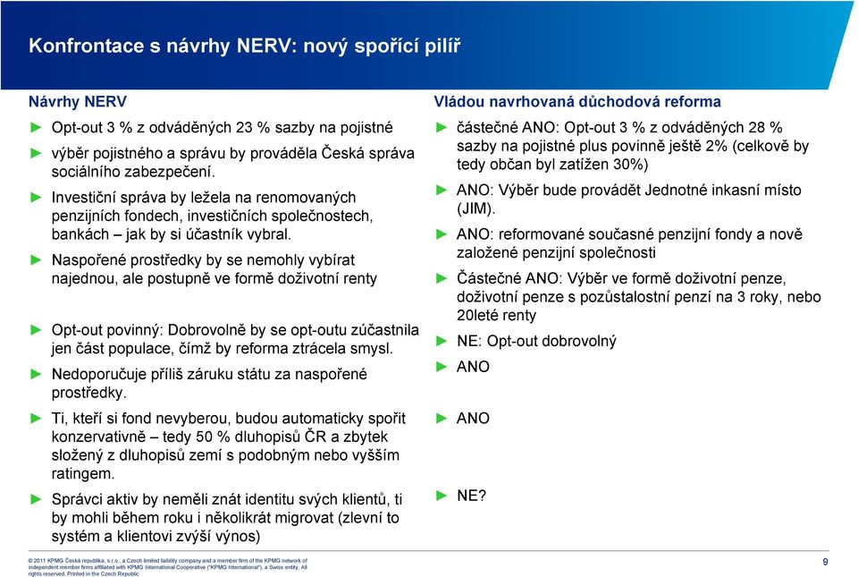 Naspořené prostředky by se nemohly vybírat najednou, ale postupně ve formě doživotní renty Opt-out povinný: Dobrovolně by se opt-outu zúčastnila jen část populace, čímž by reforma ztrácela smysl.