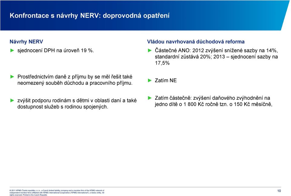 Vládou navrhovaná důchodová reforma Částečné ANO: 2012 zvýšení snížené sazby na 14%, standardní zůstává 20%; 2013 sjednocení sazby